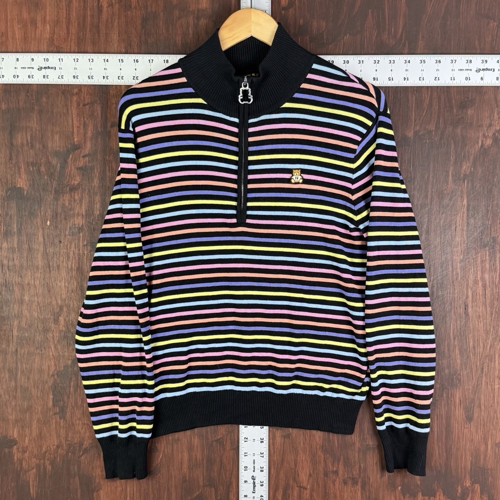 Teddy Fresh Sweater‎ Striped Knit Half Zip Bear Logo Ribbed Collar Women's Large